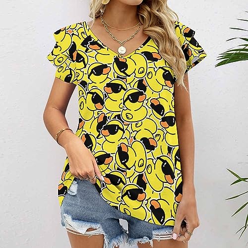 AMRANDOM Women's Casual Floral Print V Neck Ruffle Short Sleeve Summer Shirts Tops Loose Blouses2