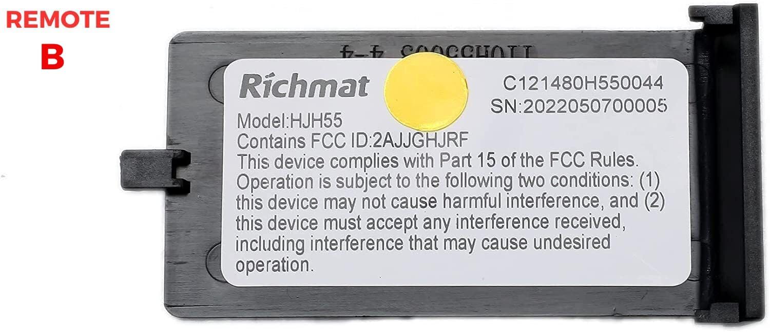 Close-up of the Richmat control box label, showing model HJH55 and FCC ID.