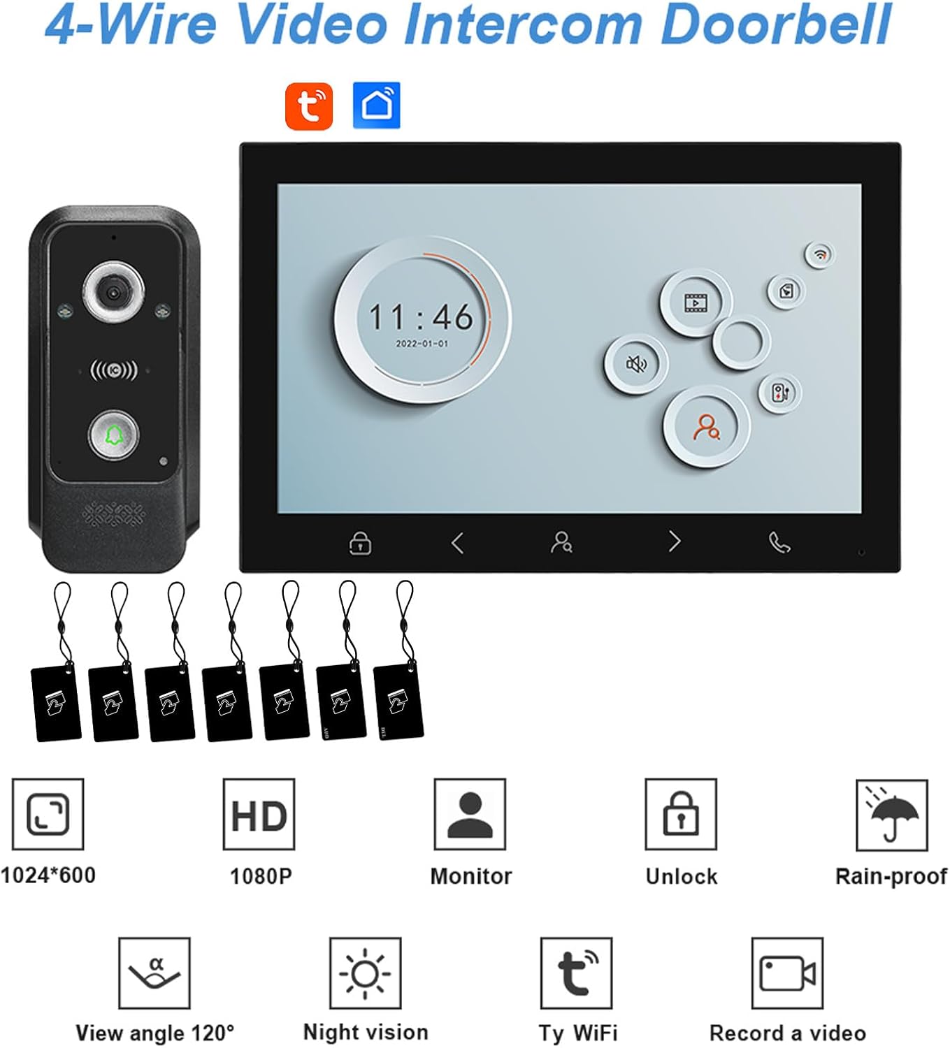 2 Wired Video Doorbell Apartment Intercom System, 7 Inch Full Touch Monitor,1080P Doorbell Camera, TY WiFi Smart Home Video Intercom Door Phone Kits, NFC Unlock, Night Vision 120° for Home