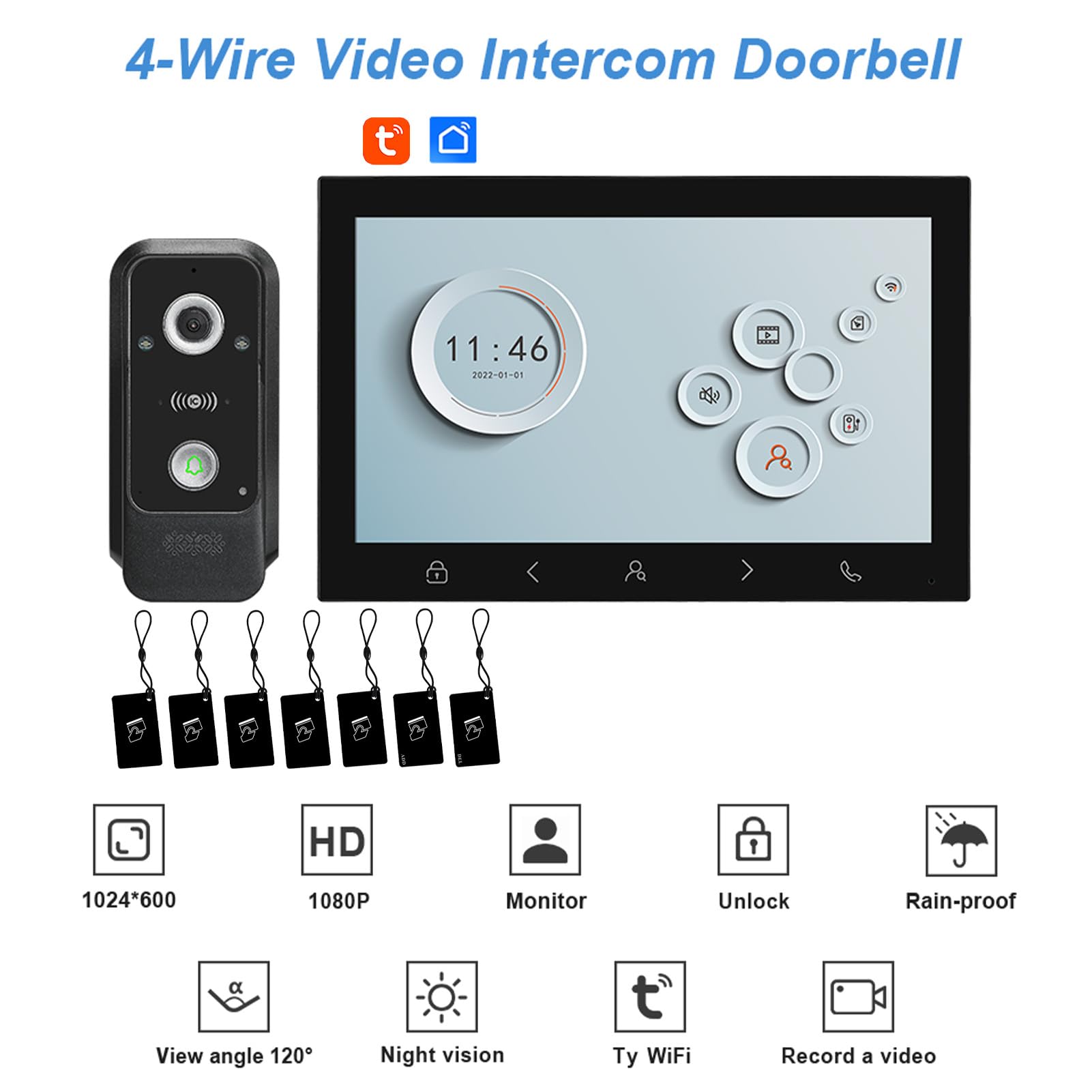 10" 1080P Videosprechanlage mit WLAN Bluetooth, IC Karte Öffnung, IP65 wetterfeste Smart Video Türklingel für Haus