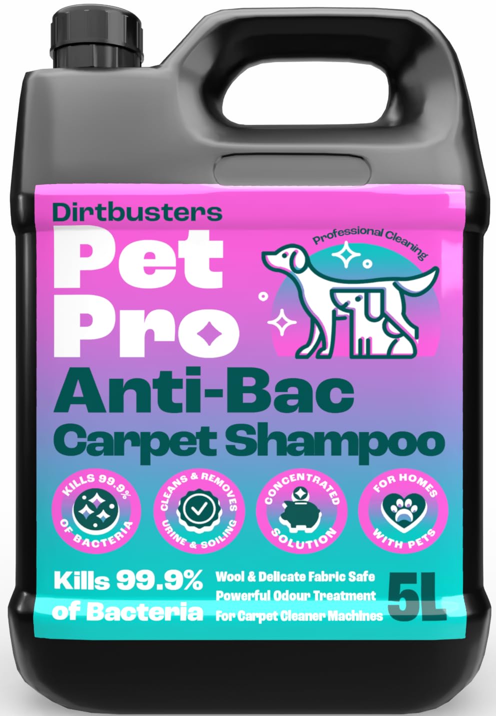 Dirtbusters Pet Pro Antibacterial Carpet Cleaner Solution (5L) Kills 99.99% Of Bacteria, Powerful Shampoo To Remove Soiling & Neutralise Pet Odour, Urine & Stains, Wool Safe