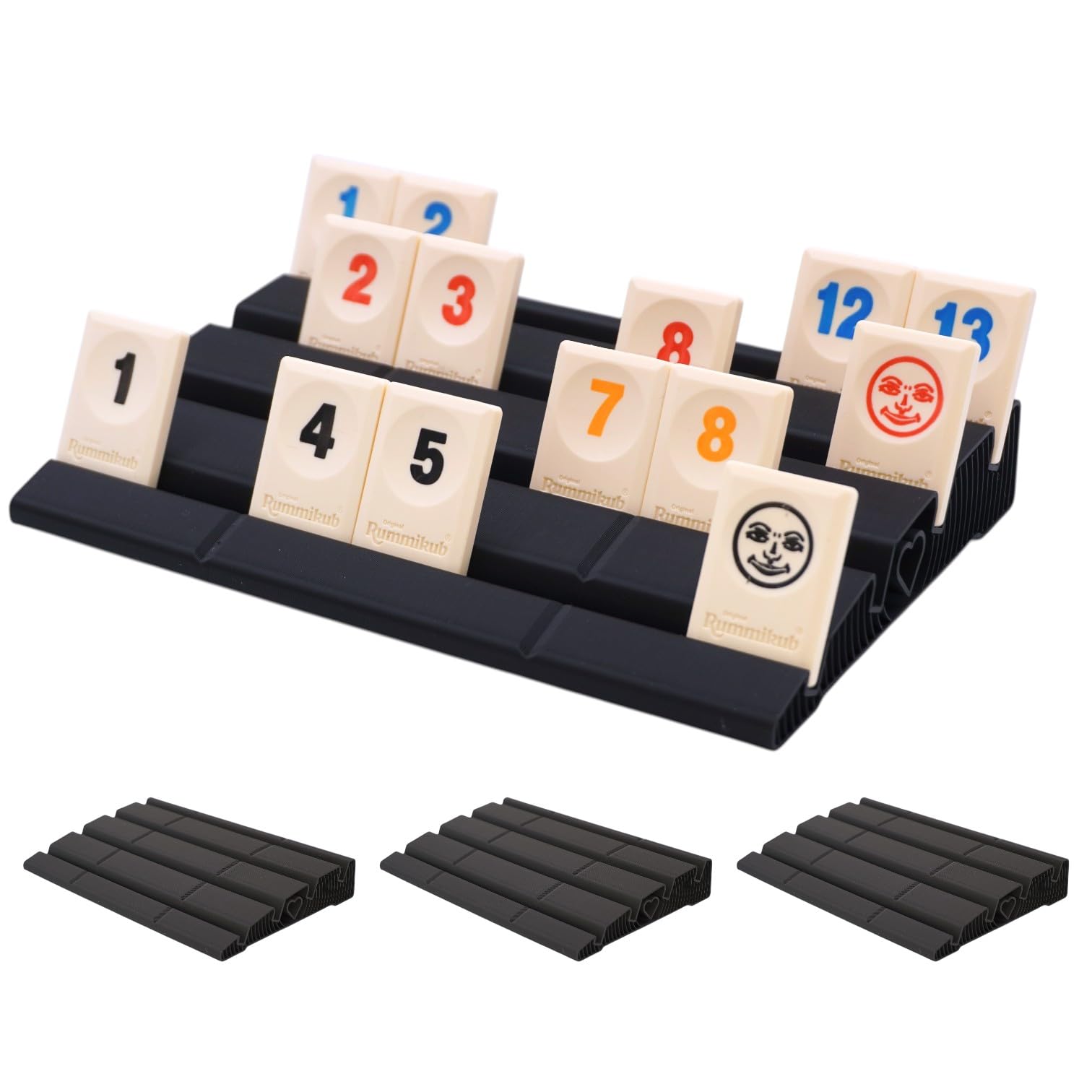 Generisch Rummi Classic erweitertes Ablagebrett 4 Stück Set - Stabiler Aufsteller mit Vier Reihen für bessere Organisation der Steine - Erweiterung Schwarz - Kompatibel mit Rummikub