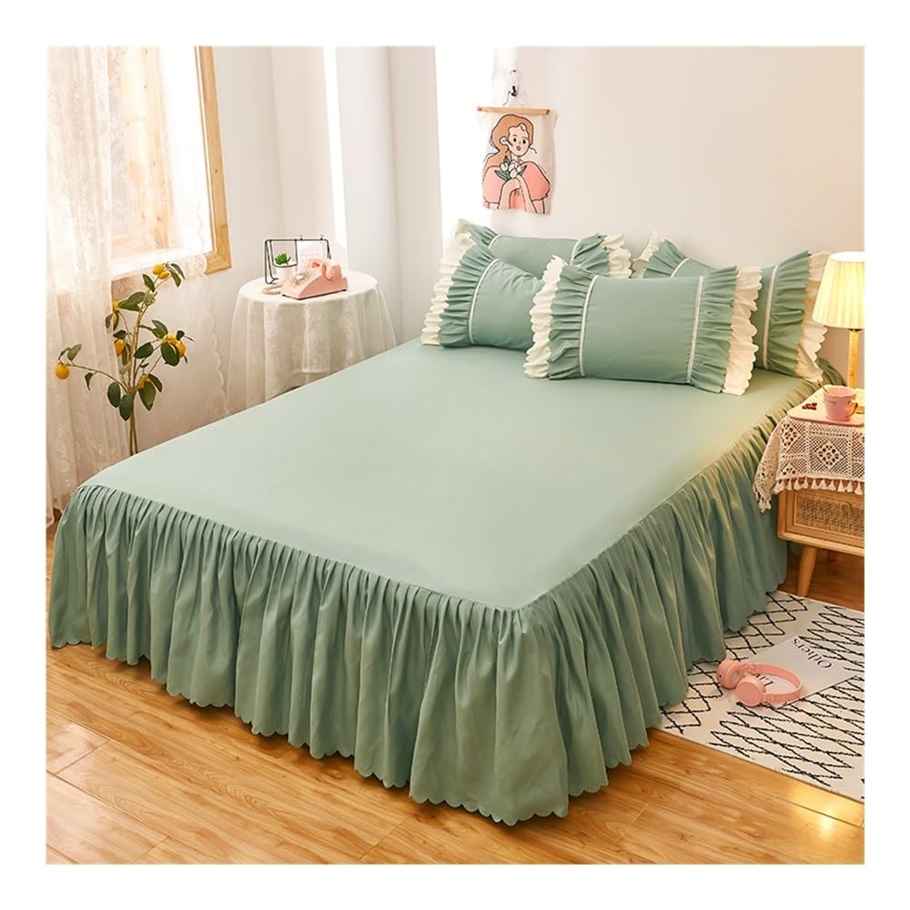 Elastischer Bettrock mit Rüschen, einfarbig, 1/3-teilig, Doppelbett/Doppelbett/Doppelbett/King-Size, Bettbezug und 2 Kissenbezüge (Aquagrün, 180 x 200 cm) Bettrock)