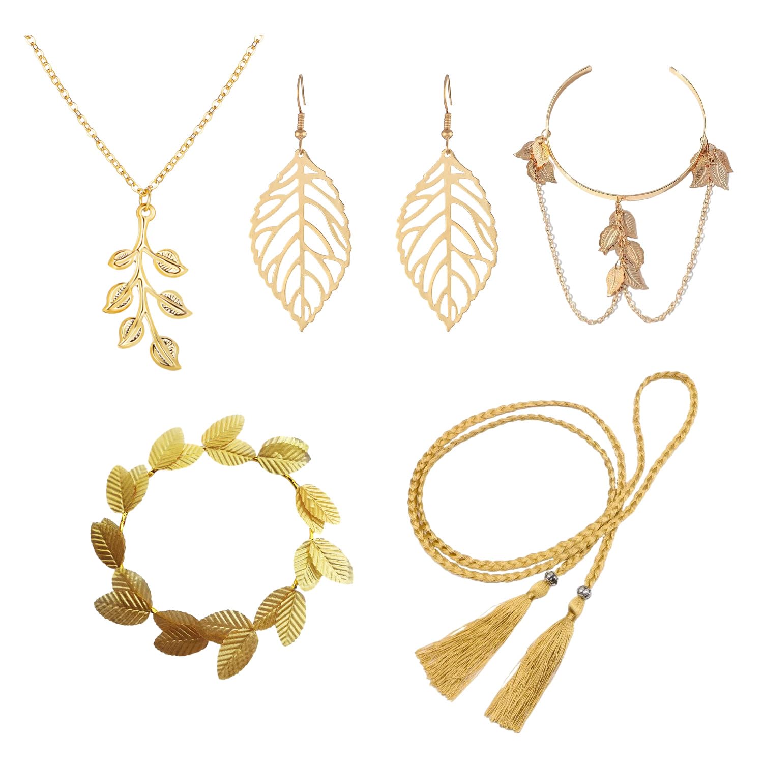 NyxSeat Juego de 5 piezas con accesorios de diosa griega, incluye diadema, pendientes, cinturón de borlas, pulseras y collar dorado