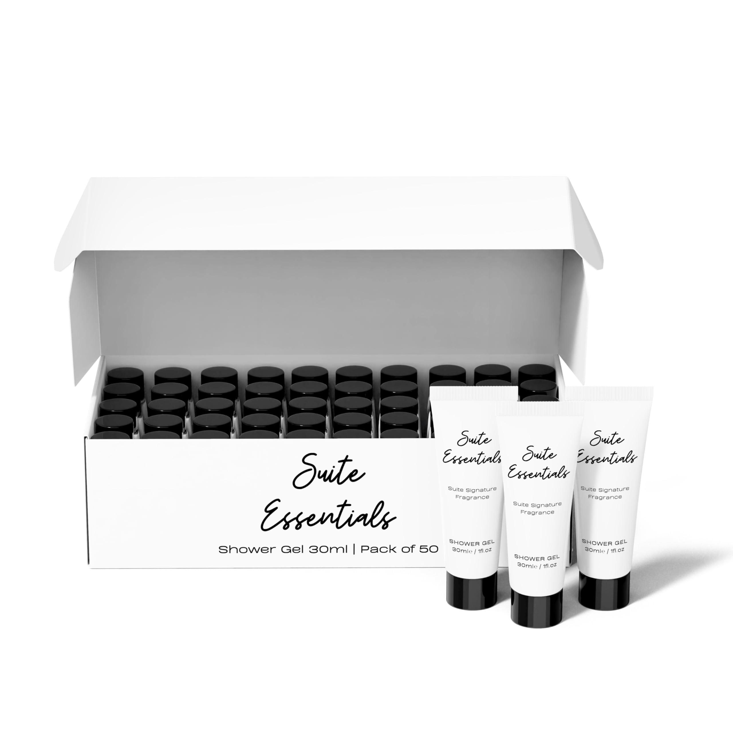 Suite Essentials 50 x 30ml Shower Gel Bulk Pack - Ideal For Hotels, Guest Rooms, Airbnb & Hospitality, Recyclable Packaging, Bulk Buy Mini Toiletries Shower Gel Multipack