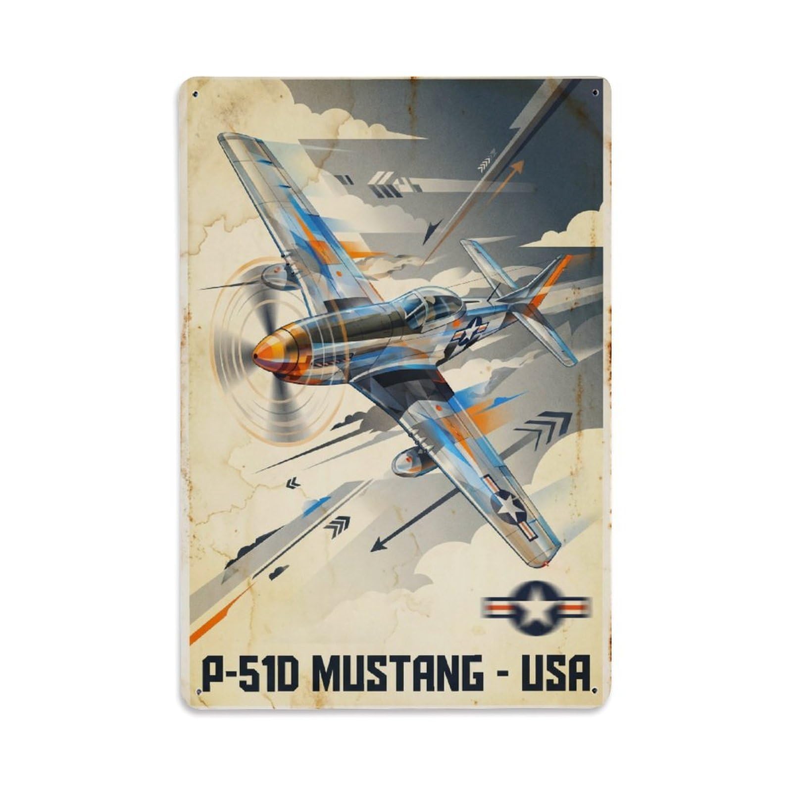 Classic Geometry P-51D Mustang Military Aviation Metal Tin Sign Plaque Wall Decor for Cafe, Man Cave, Club Bar, Office, Home Garden Round Metal Poster 8x12Inch