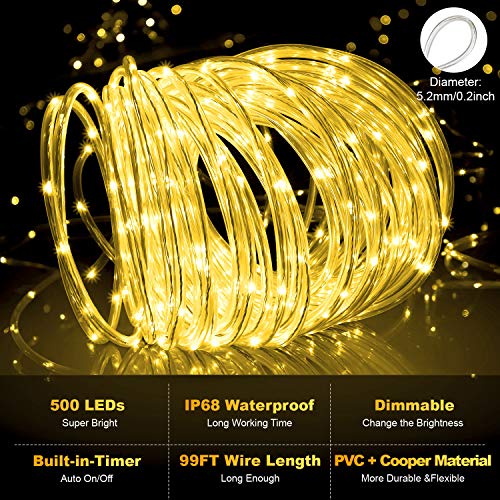 99Ft LED Rope Lights Outdoor, 500 LEDs Fairy String Lights Plug in 8 Modes, Dimmable, Super Durable, Waterproof String Lights Outdoor Indoor for Patio Wedding Christmas, 2 Remote Control (Warm White)