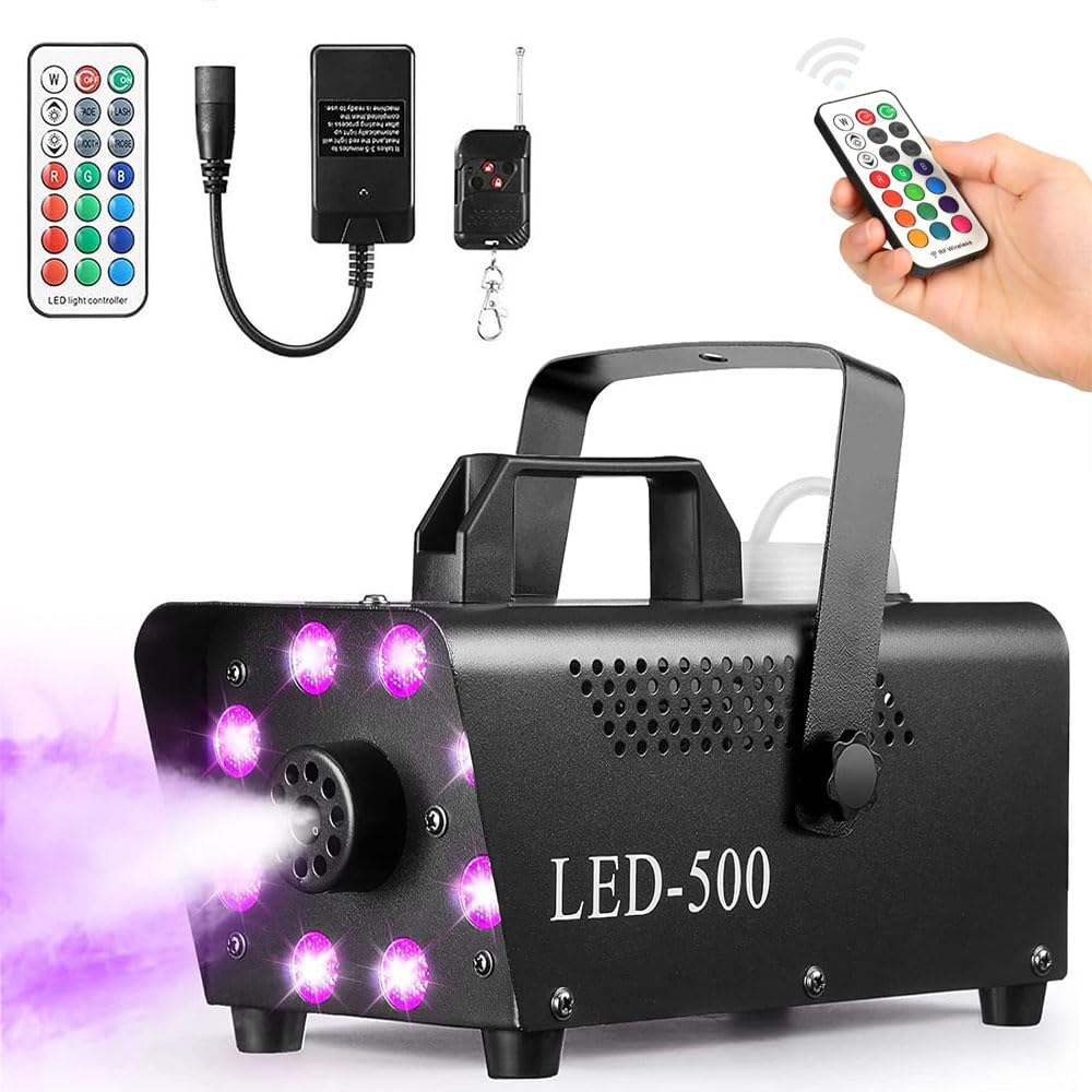 BRAINLE Mini 500W Smoke Machine with Wireless Remote, Multifunctional Indoor Fog Maker, Fogger & Diffuser, Mist & Fogging Party Pyro Equipment with 8 LED Lights, 12 Color Options for Weddings & Partie
