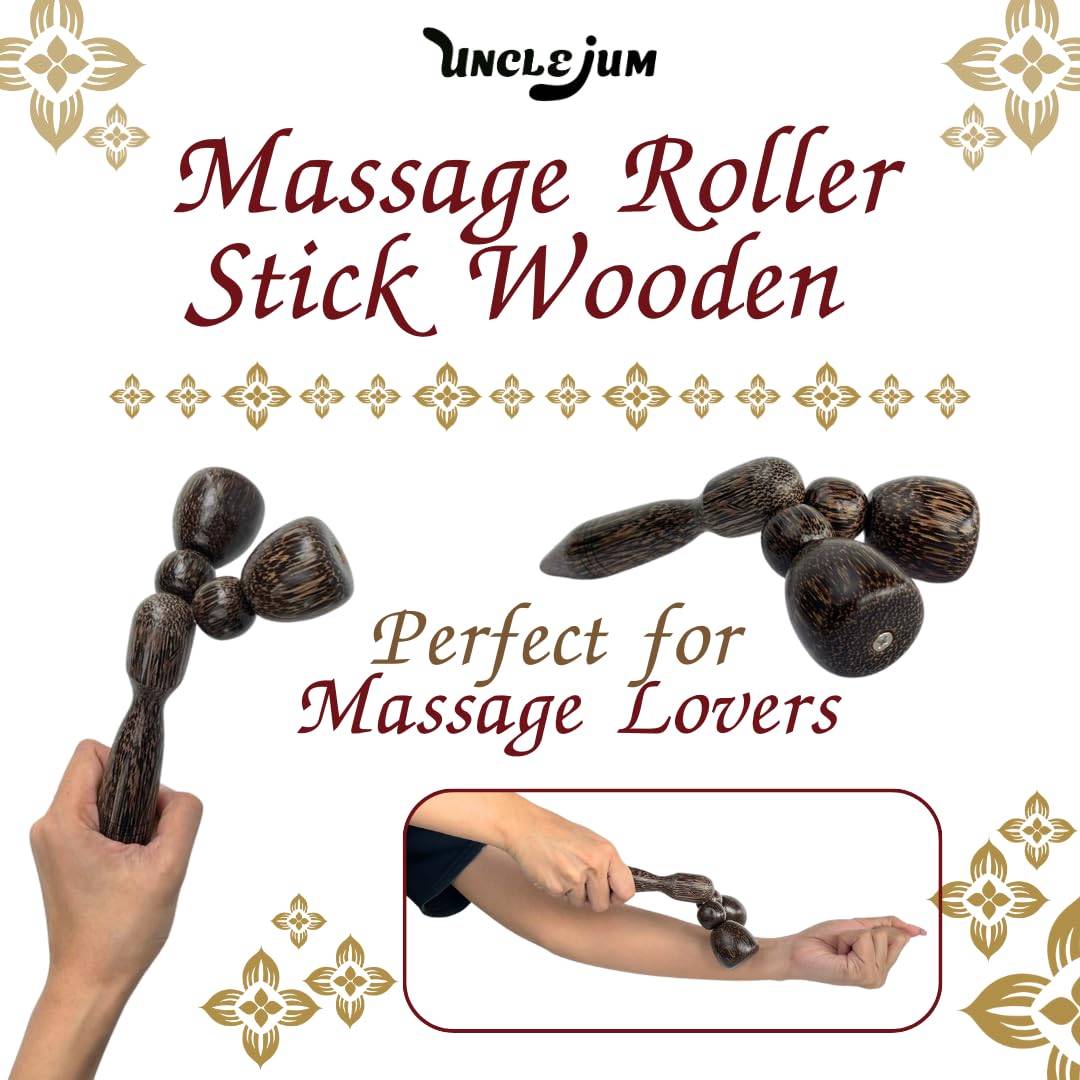 UNCLEJUM Thai Palm Wood Massage Roller – 8’’ Wooden Neck & Shoulder Relaxation Tool for Stress Relief
