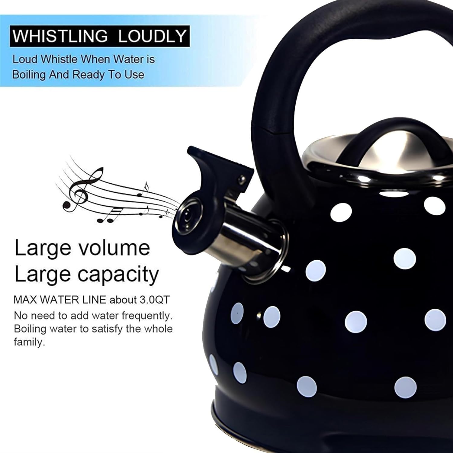 Polka Dot Tea Kettle Stovetop - 3.2QT 304 Stainless Steel Whistling Tea Pot, Induction Safe with Foldable Handle Loud Whistle Kettle for Tea, Coffee, Milk(Black)