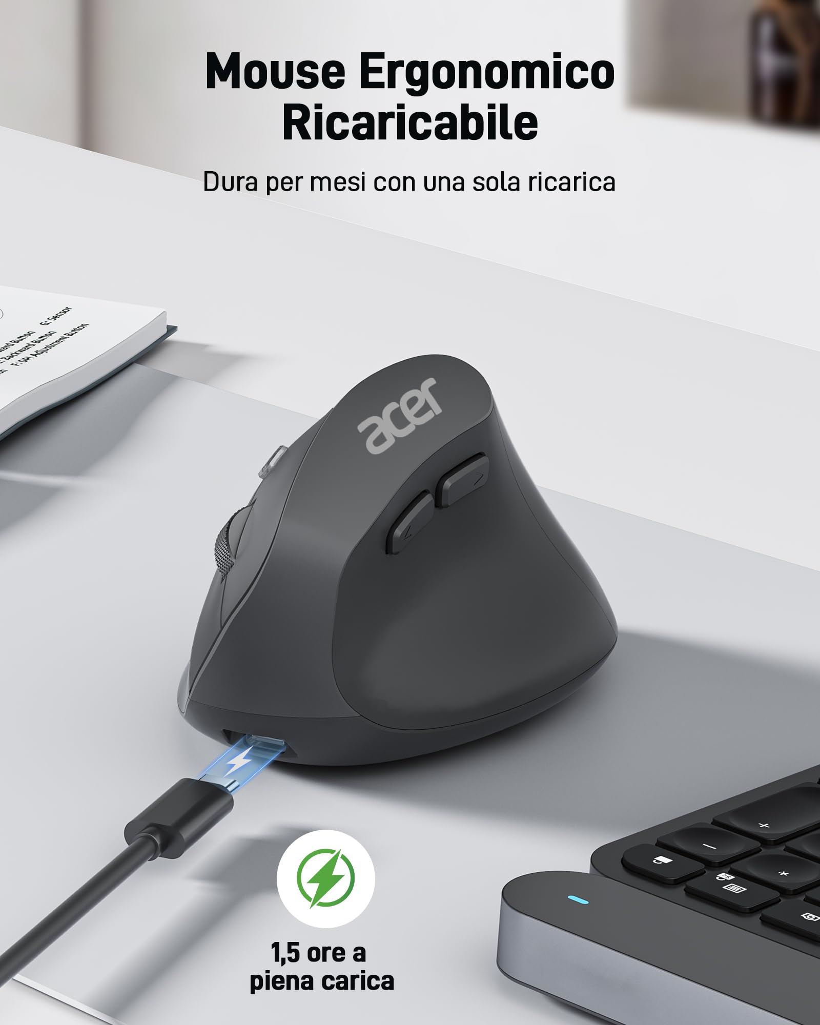 acer Mouse ergonomico senza fili, mouse verticale ricaricabile da 2,4 GHz con 3 DPI regolabili, 6 tasti, mouse ergonomico da ufficio Vertical Wireless per Windows, mac OS, Linux, Chrome OS, ecc.
