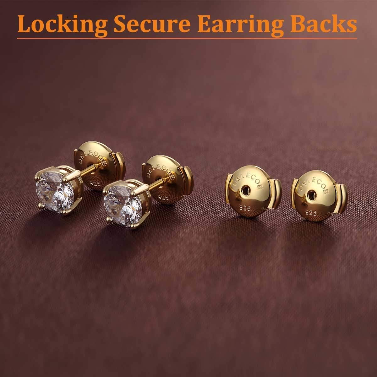 DELECOE 2-Pairs 925 Sterling Silver Locking Earring Backs Replacements, 18K Gold Plated Secure Hypoallergenic Earring Backs for Diamond Studs, No Fading Comfort Earring Backs