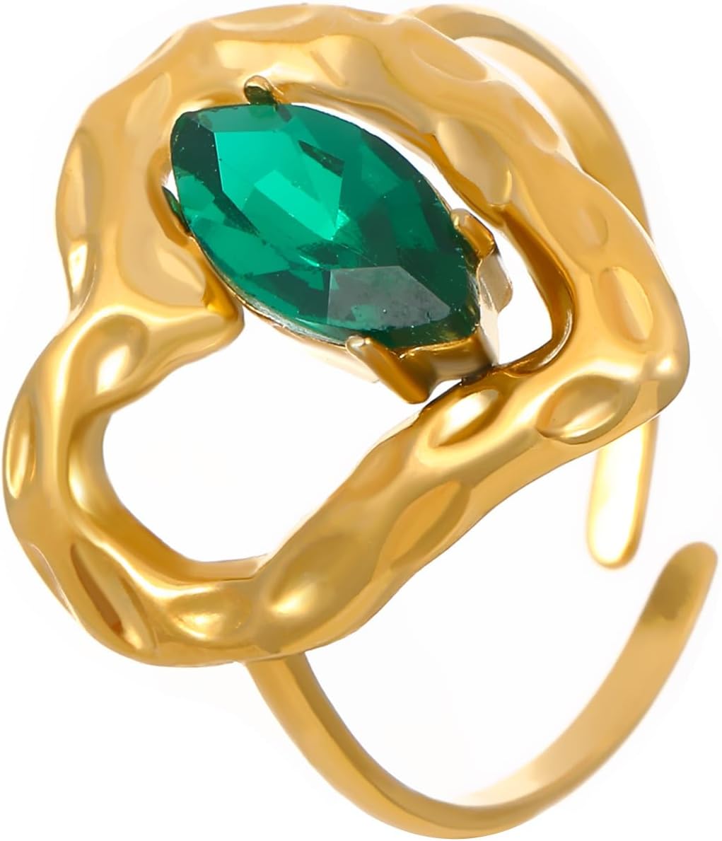 PLOUTOS Gold Heart Ring for Women Adjustable Open Band with Emerald Green Marquise Crystal Romantic Sweet Style Vintage Statement Fashion Jewelry Gift