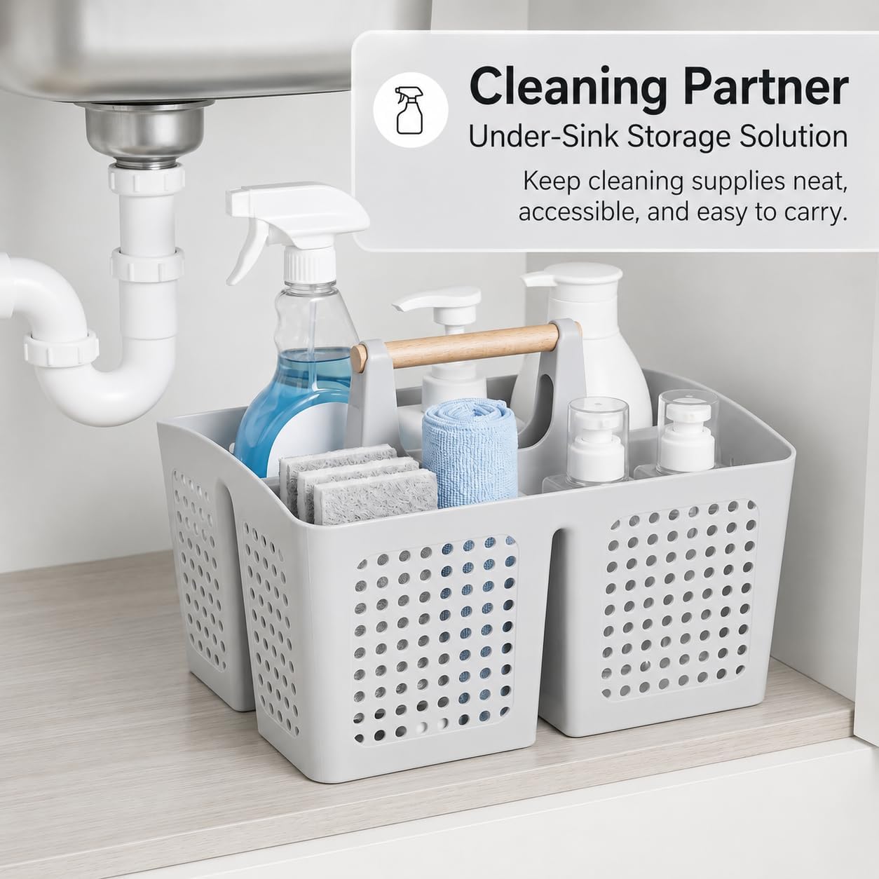 Portable Shower Caddy Basket with Wood Handle, 3-Compartment Bathroom Organizer Tote with Drain Holes, Plastic Shower Basket for Dorm, Toiletries, Cleaning Supplies,Light Gray