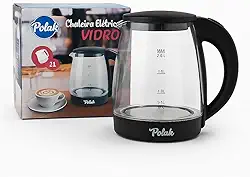 Chaleira Elétrica de Vidro com Led Azul 127V, Preta, 2.0L, com Indicador de Nível de Água, Base Giratória 360°