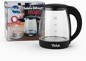 Chaleira Elétrica de Vidro com Led Azul 127V, Preta, 2.0L, com Indicador de Nível de Água, Base Giratória 360°