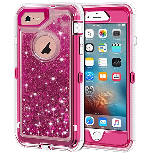 Anuck Case for iPhone 6S Plus Case, for iPhone 6 Plus Case (5.5 inch), 3 in 1 Hybrid Heavy Duty Defender Case Sparkly Floating Liquid Glitter Protective Hard Shell Shockproof TPU Cover - Rose Red