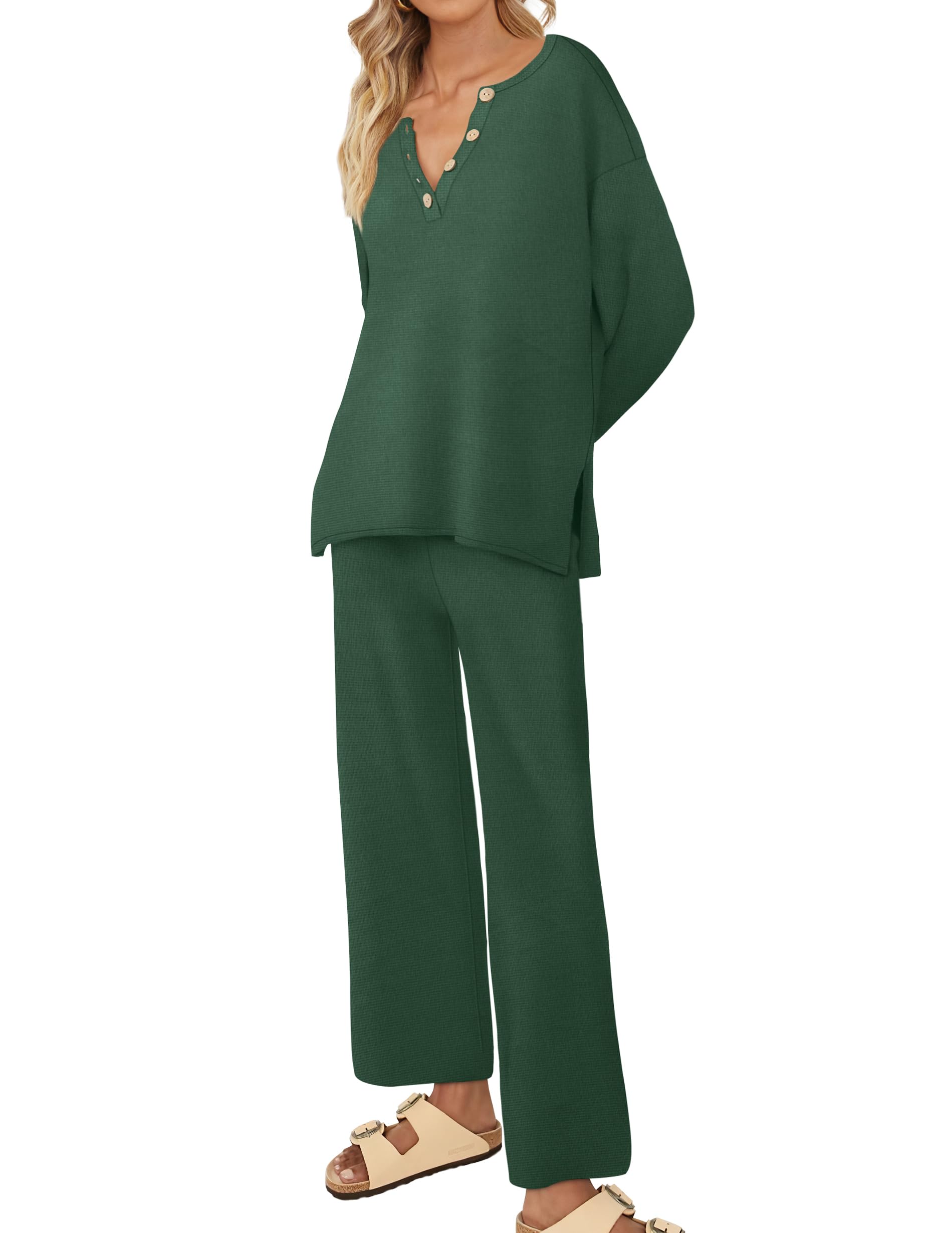 XIEERDUO Womens 2 Piece Lounge set Long Sleeve Button Knit Matching Sweatsuit Set