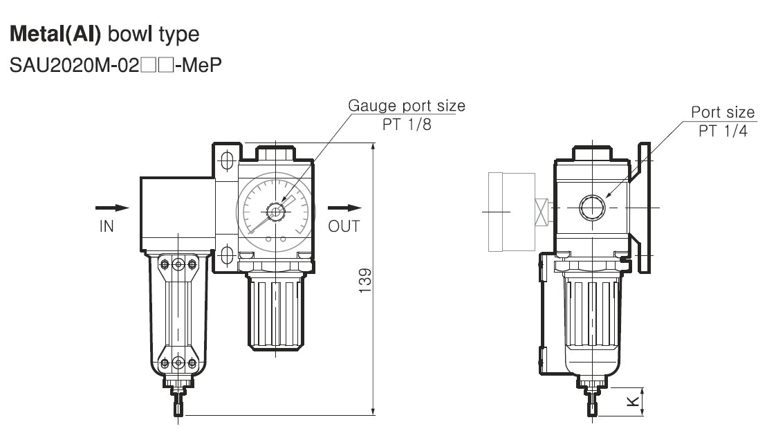 PneumaticPlus SAU2020M-N02G-MEP Mini Compressed Air Filter Regulator Combo 1/4" NPT - Metal Bowl, Manual Drain, Gauge