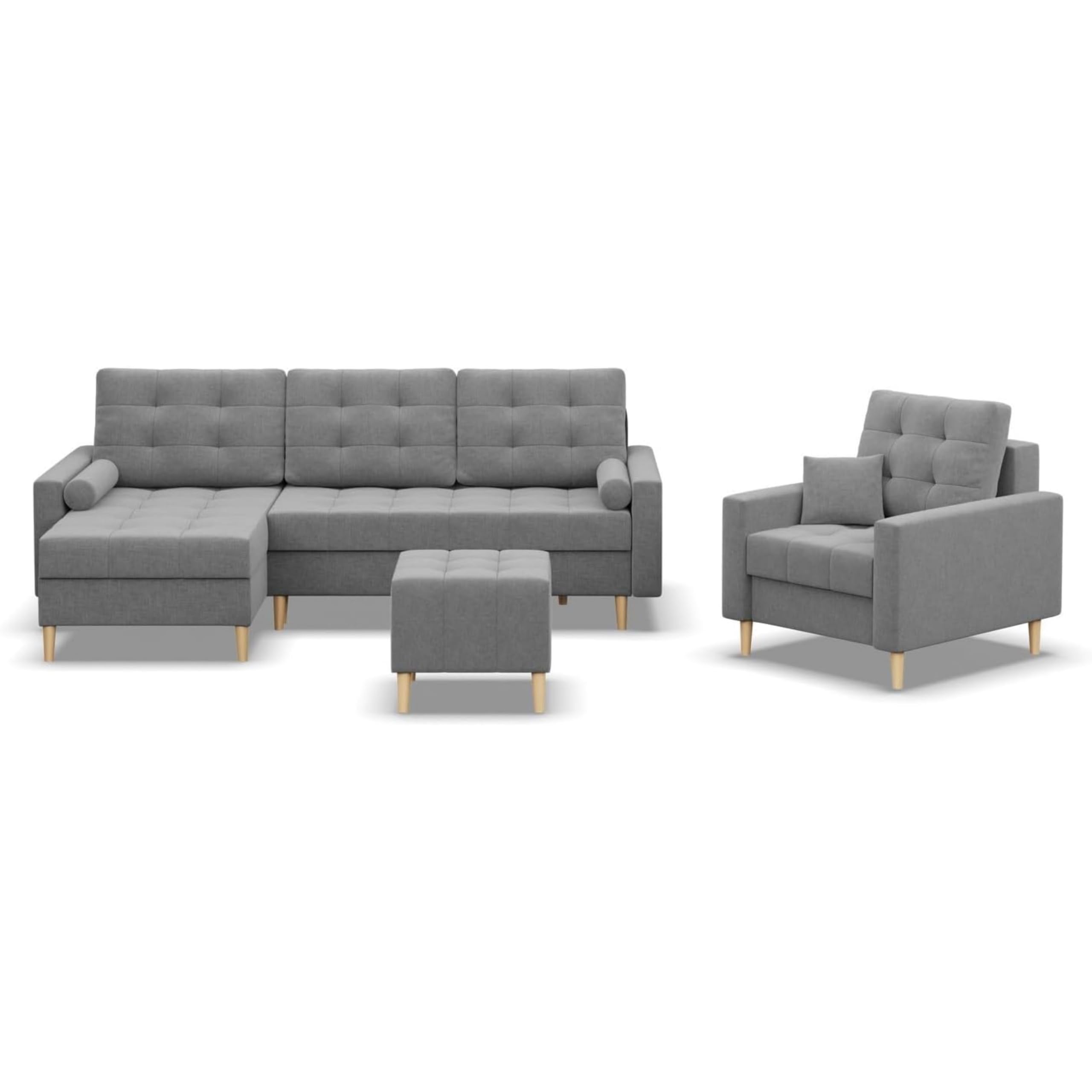 Mebligo - Ecksofa mit Schlaffunktion und Bettkasten Elma, Eckcouch mit Ottomane Links, Sofa L Form (BxTxH) 223 x 172 x 88 cm, Couch Wohnzimmer, Ecke Sofa, Grau (Lux 32)
