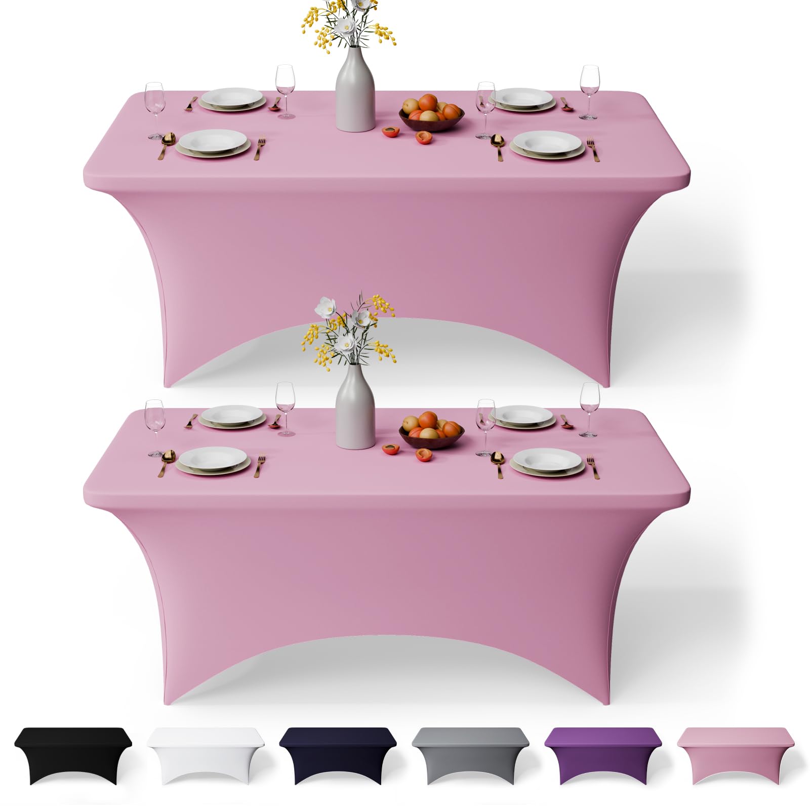 GFCC 8FT Spandex Table Covers 2 Pack - Pink Stretch Fitted Rectangular Tablecloth Washable & Wrinkle Resistant Spandex Tablecloths for Party, Wedding, Banquet, Events & Home