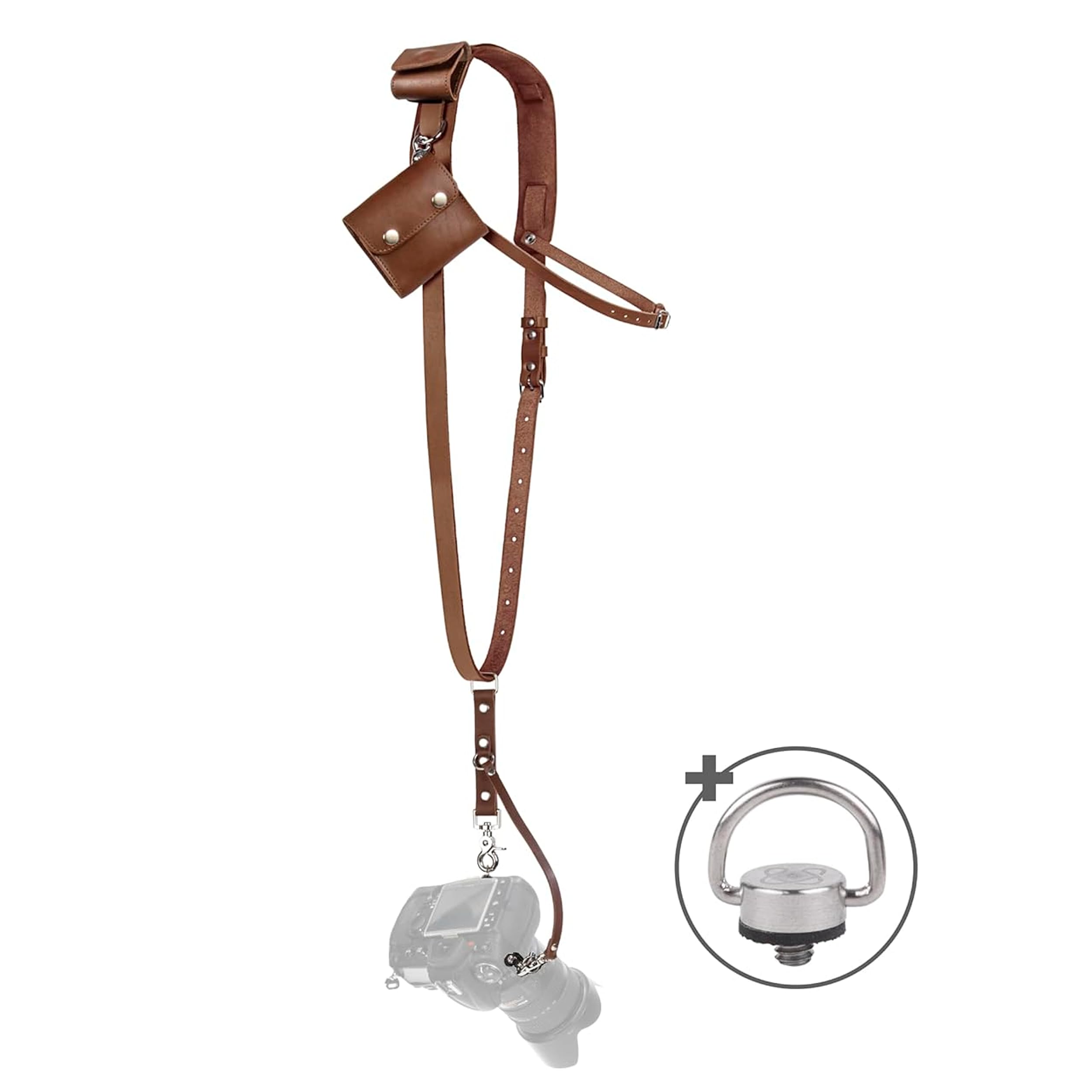 Leather Camera Strap for One Camera - Professional Single Leather Harness Shoulder Strap with Sd Card Holder & Battery Holder, Quick Release Gear for DSLR/SLR, Brown