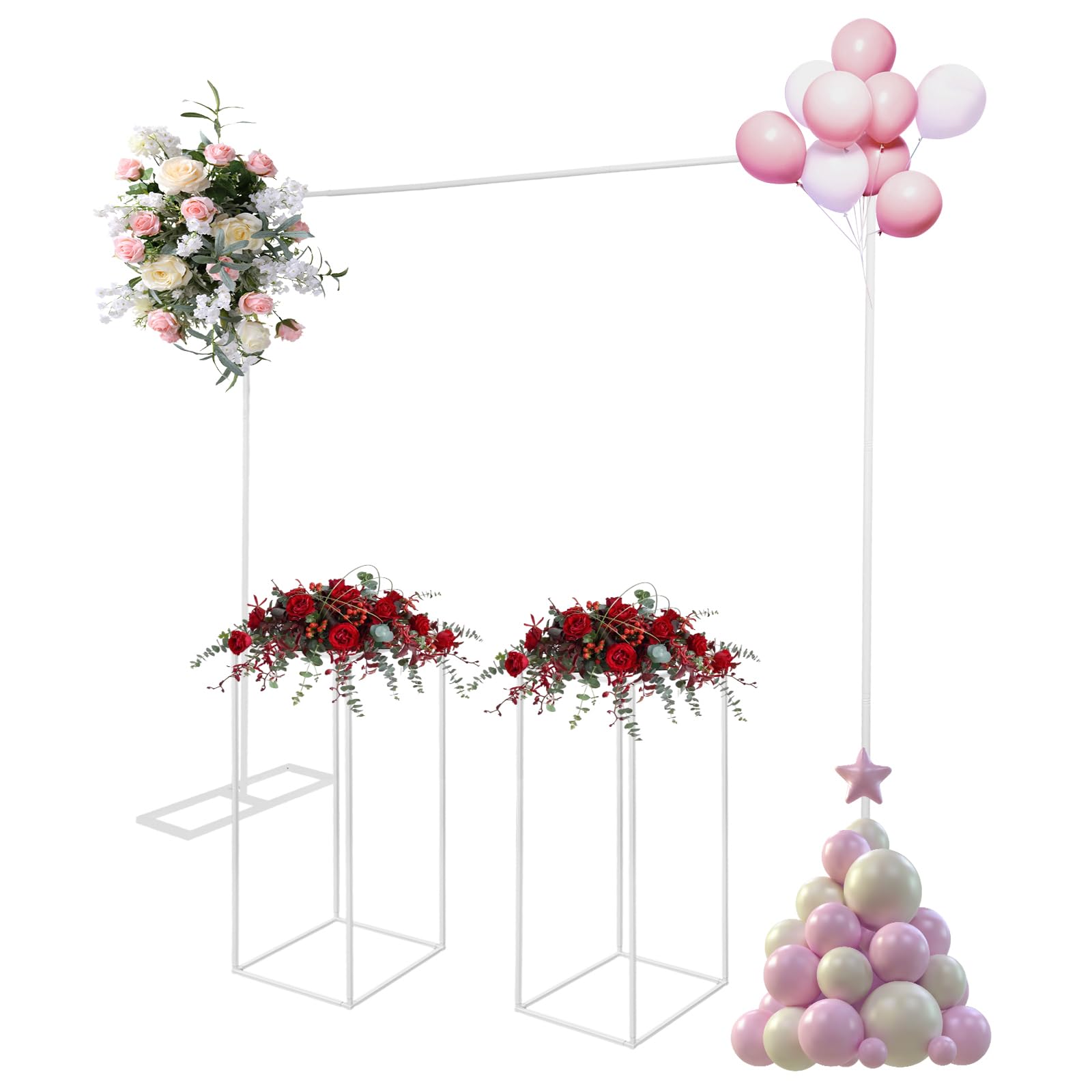 Balloon Stand with 2 Flower Stands 2×2m/6.56×6.56ft Metal Square Wedding Arch and 10.63×31.5inch Flower Stand Metal Backdrop Stands for Weddings, Parties, Photo Booth Background Decorations (White)