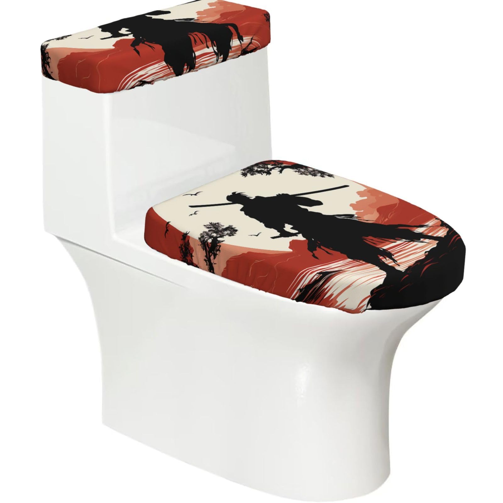 Fodpand Black Samurai Toilet Lid Cover And Toilet Tank Cover Set, Washable Soft Toilet Seat Cover With Elastic Bottom, Universal Stylish Toilet Cover Set For Bathroom Decor Accessories