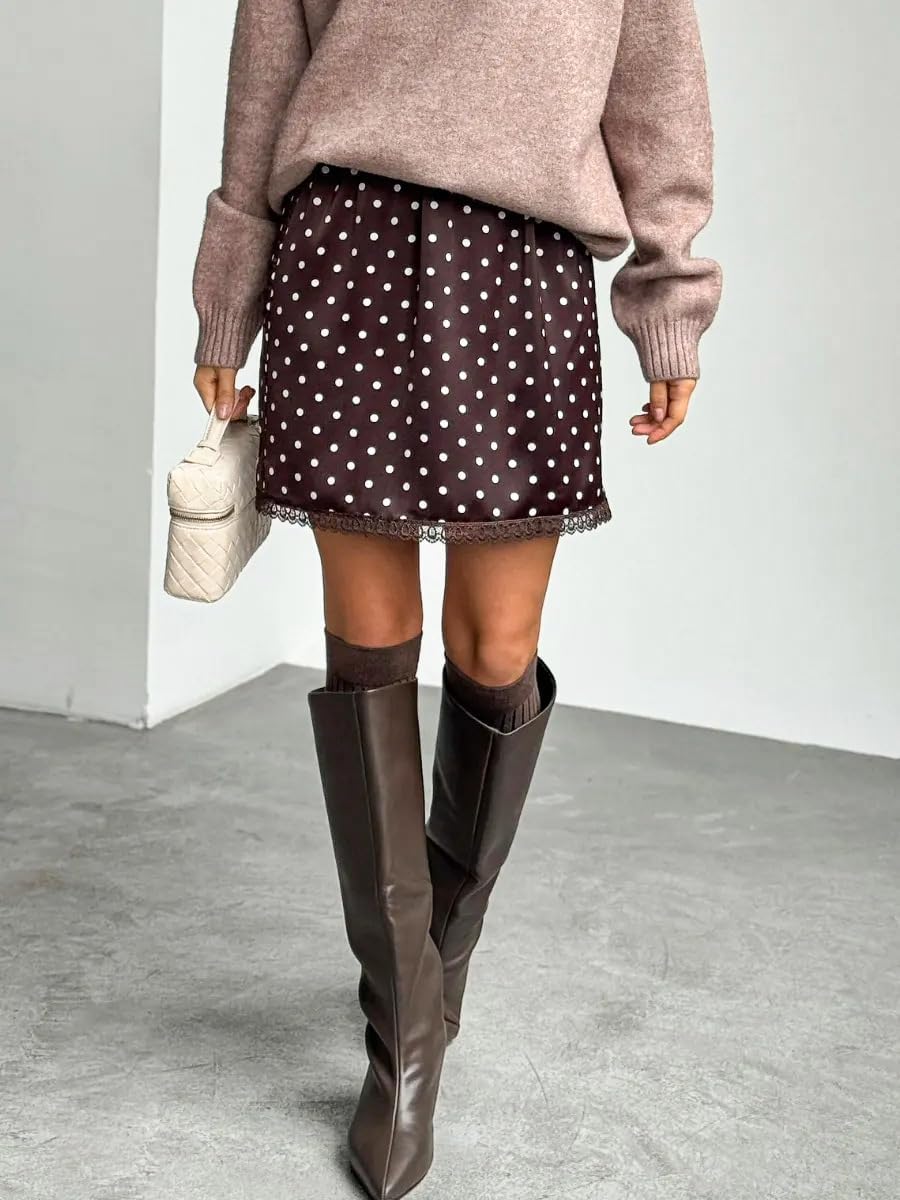 Polka Dot Mini Skirt High Waisted A-Line with Lace Hem Skirt Cute Outfit for Women