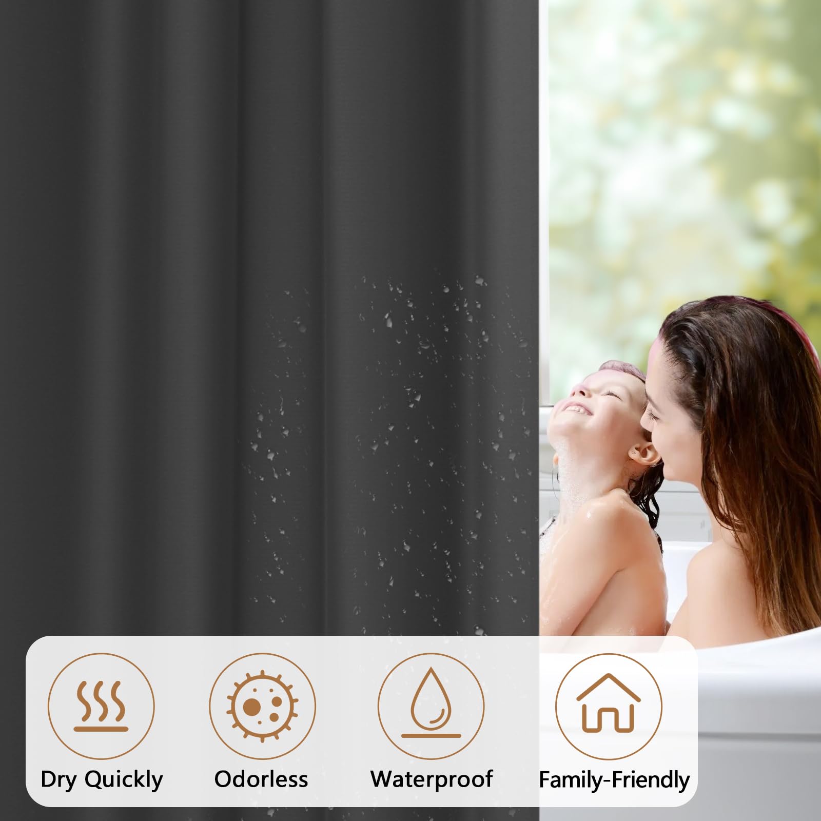 Seenus Doublure de rideau de douche extra longue en tissu imperméable avec 3 grands aimants, gris foncé, lavable en machine, 183 x 198 cm