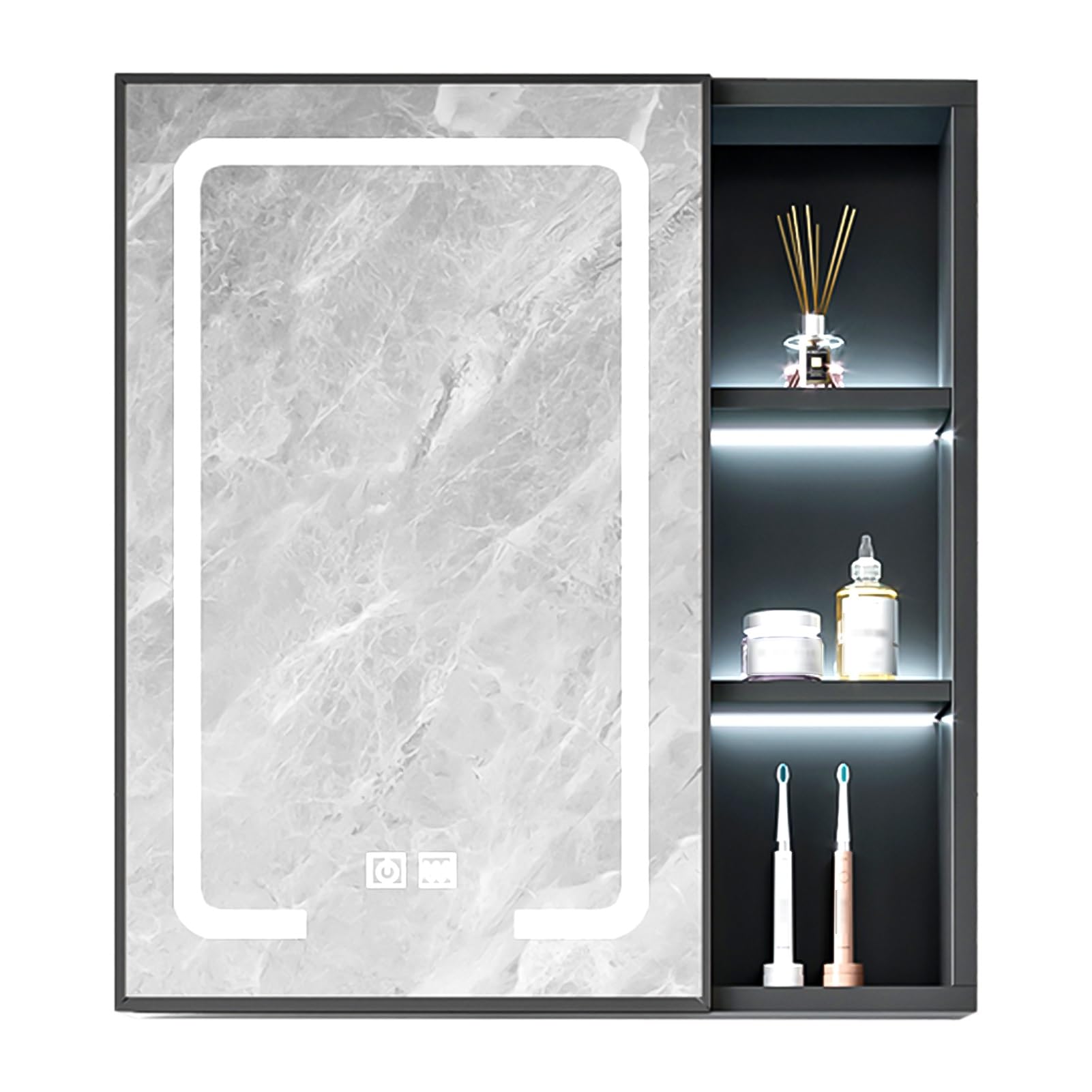 Moderno armario con espejo de baño con luz LED con función antivaho y divisiones de almacenamiento abiertas, color gris, 70x.