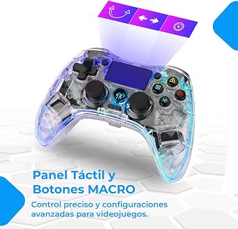 NK Controller for PS4 / PC/Android - Wireless Controller with 2-Shock, 6 Axis, 2 Macro Buttons, 7 LED Light Modes, Touchpad, Headphone Jack, Charging Cable Included - Transparent Black