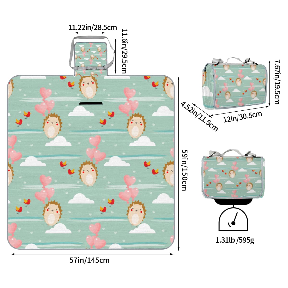 Shimoshe Picnic Blankets 57”x 59”, Love Balloon Flight Hedgehog Waterproof Sandproof Picnic Mat Lightweight Foldable Beach Blanket for Camping Park Grass Beach Outdoor Blanket