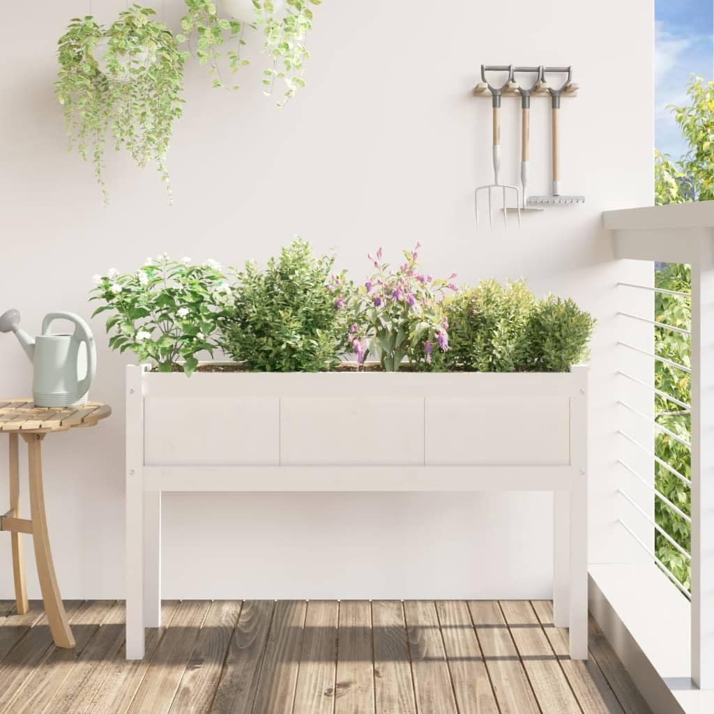 Fioriera da Giardino in Legno Massello Bianca 110x31x70 cm | Letto rialzato per orto urbano su balcone o patio, ideale per piantare erbe aromatiche e fiori decorativi.