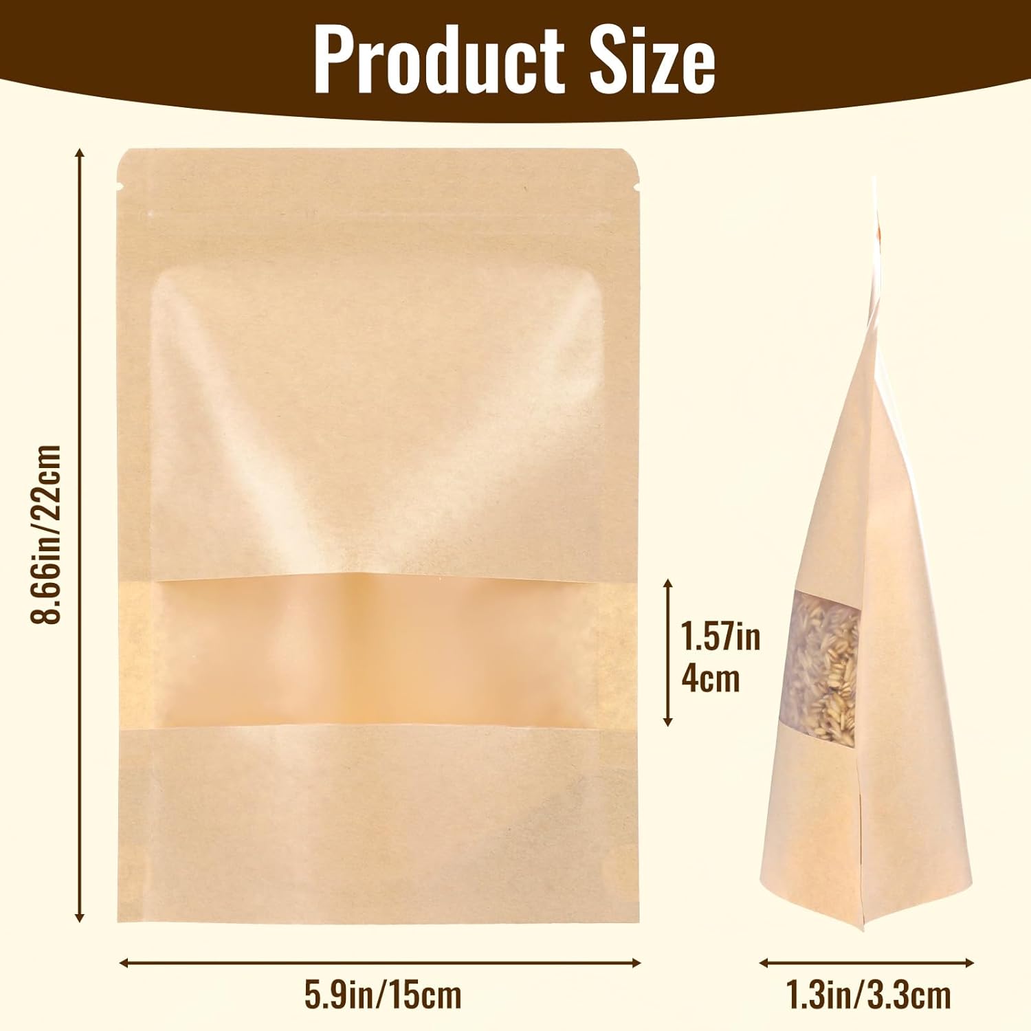 300 pcs Kraft Bags with Window 6 x 9 Inch Kraft Stand Pouches Bulk Zipper Paper Pouches Food Storage Reusable Heat Sealable Bags for Packaging Home Office Business