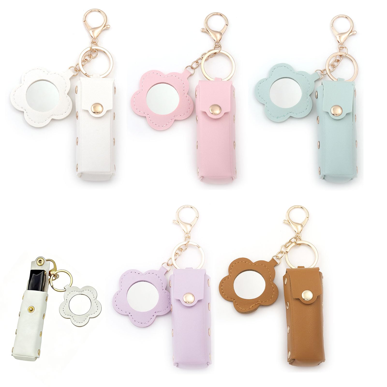 4 Pcs PU Leather Chapstick Holder Keychain with Mirror