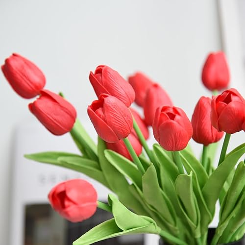 Miniatura 4 de 20 tulipanes rojos de 13 pulgadas de tacto real, flores artificiales de látex de poliuretano con tallos, para Navidad, día de San Valentín, día de