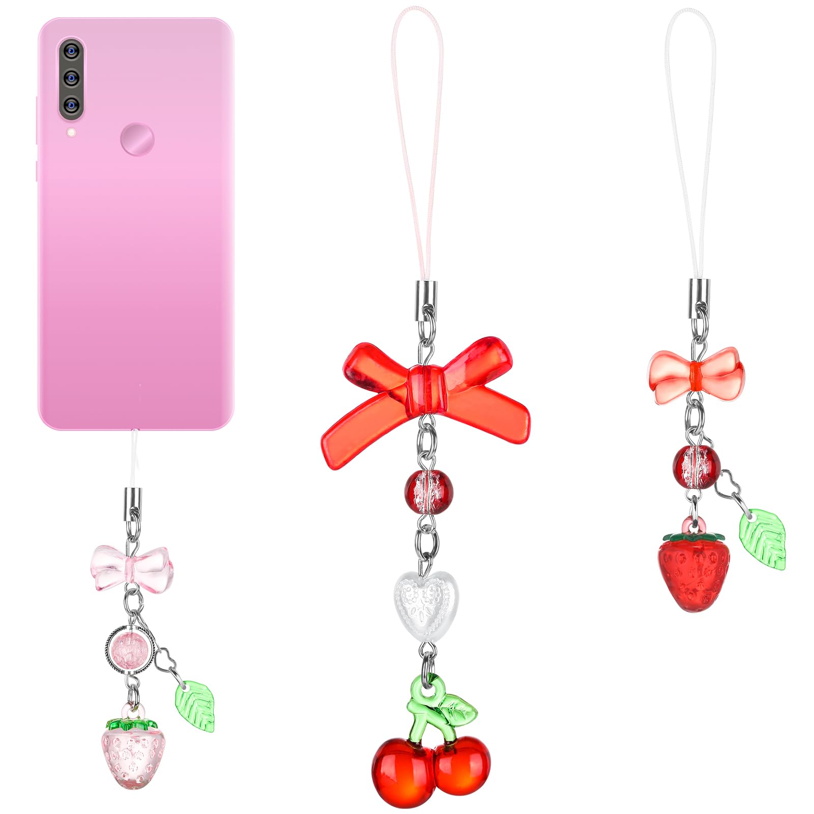 Neptniopllab 3 Cute Strawberry Cherry Phone Charms, Y2K Cell Phone Charms with Heart Straps and Pendant Decoration