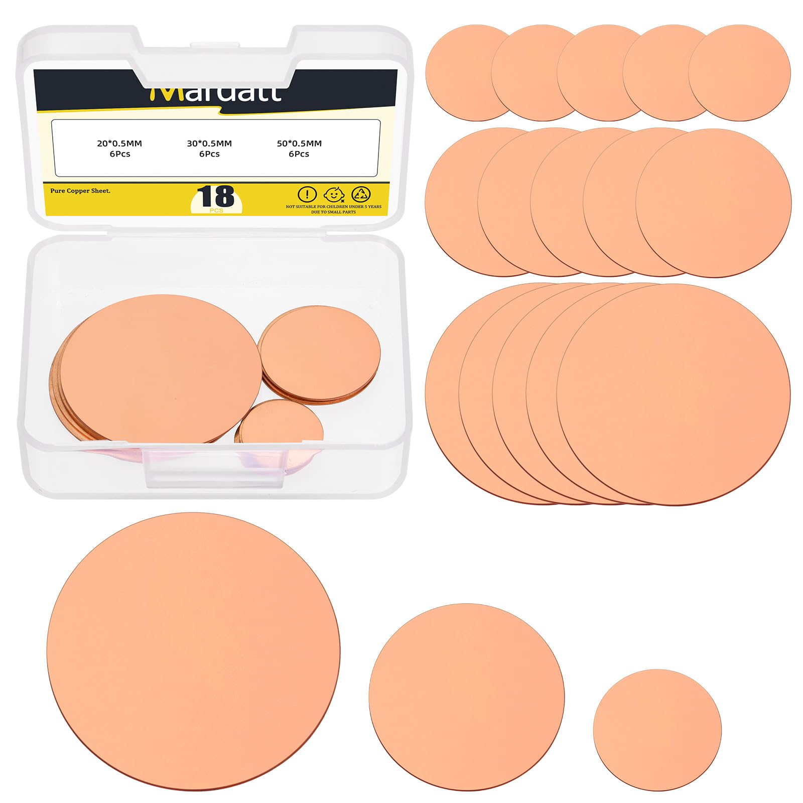 Mardatt 18Pcs Round Pure Copper Sheets, 7/8", 1-3/16", 2" Diameter, 24 Gauge(0.5mm) Thickness, Copper Plate Copper Metal Round Plate for Jewelry, Crafts, Electrical Repairs-image-21