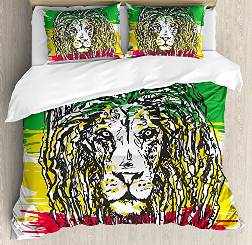 Ambesonne Rasta Duvet Cover Set, Ethiopian Culture Hair Style Lion