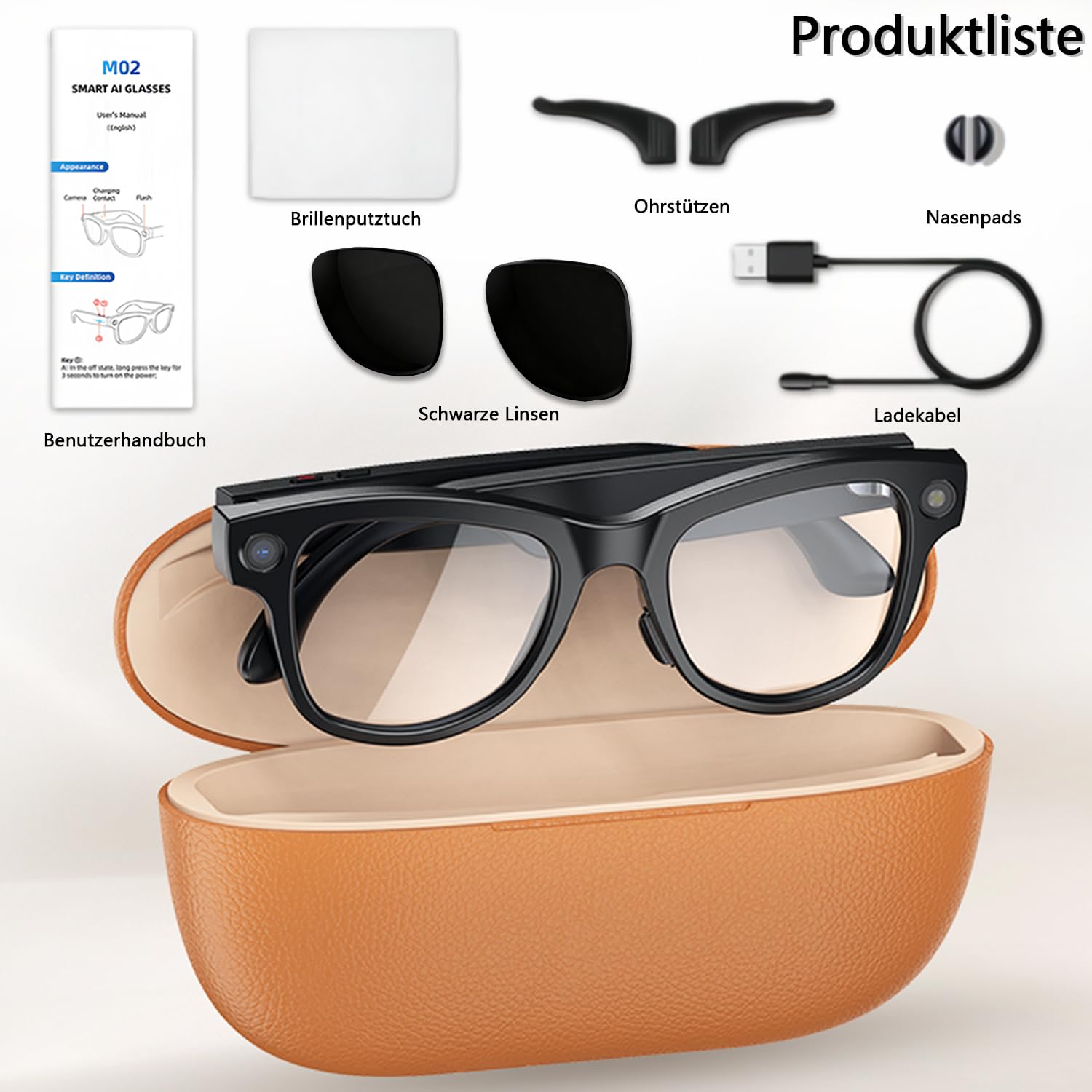 Smart AI Glasses mit 4K HD Kamera, 8MP Bildstabilisierung, Videoaufzeichnung, Offene Kopfhörer, AI-Bilderkennung Simultanübersetzung/GPT-Linsenerkennung und 3600-mAh-Akkufach