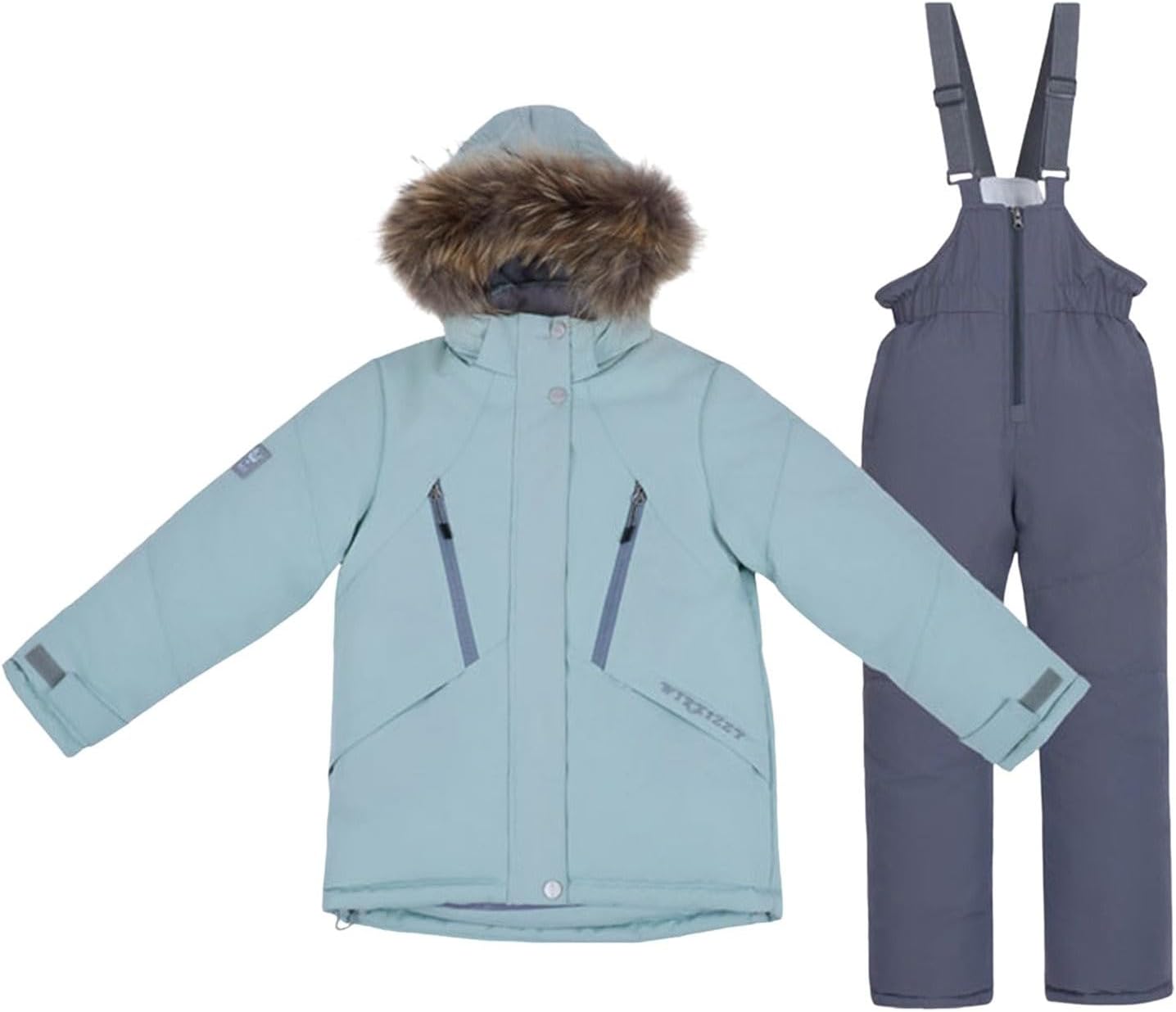 Winter Puffer Snowsuit for Kids Boys Girls Faux Fur Hooded Ski Jacket Snow Bibs Pants Warm Windproof 2 Piece Set