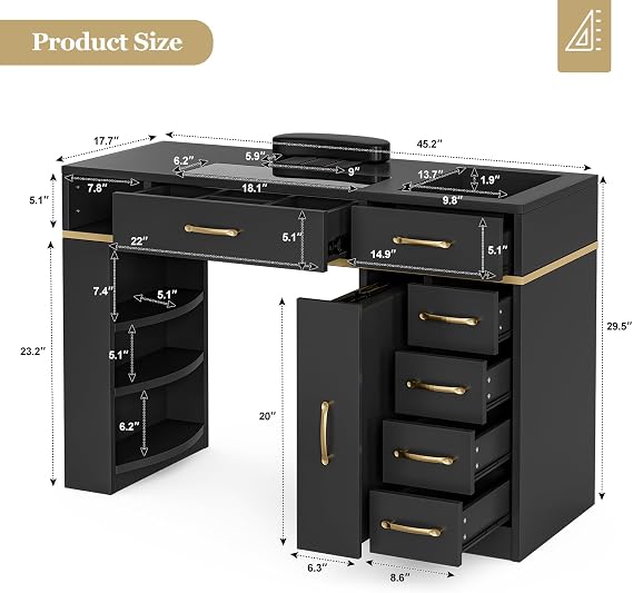 Paddie Manicure Table with Dust Collector, Glass Top Nail Tech Table Nail Desk Station w/7 Storage Drawers & 3-Tiers Open Shelves, Nail Beauty Workstation w/Wrist Cushion & Golden Handles(Black)