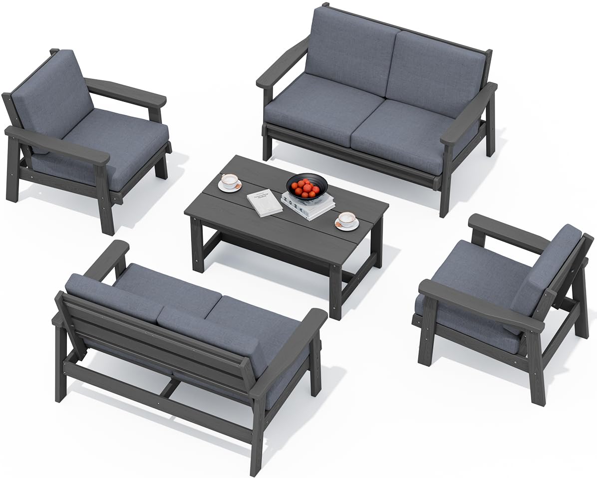 SERWALL HDPE Patio Furniture Set 5 Piece All Weather Wood-Like Sectional Outdoor Furniture Set Grey Patio Sofa Couch