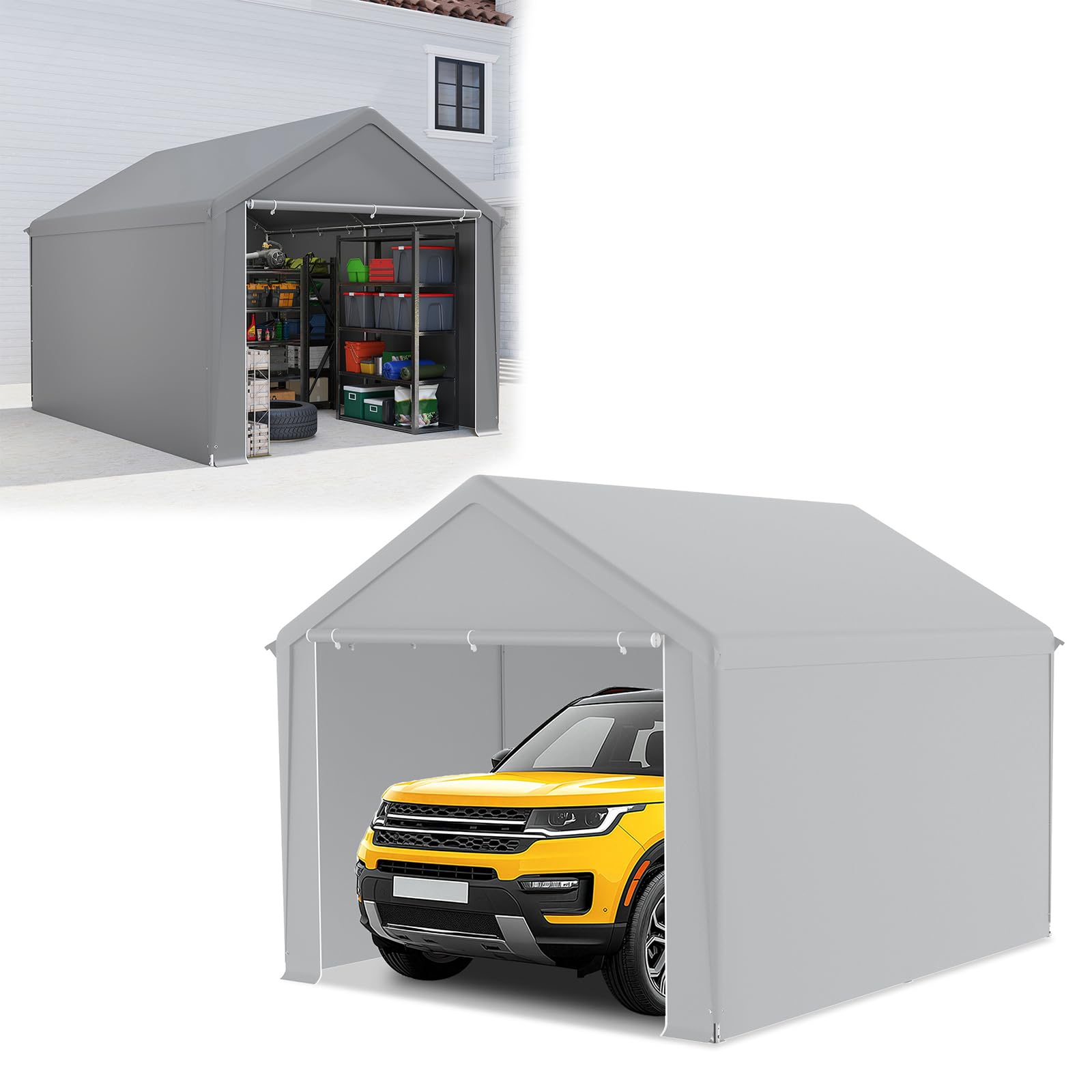 NAIZY Carport 3x4 m Zeltgarage mit Abnehmbar Seitenwände Große Garagenzelt Lagerzelt UV-Schutz Windfest Winterfest Autozelt Unterstand, Grau