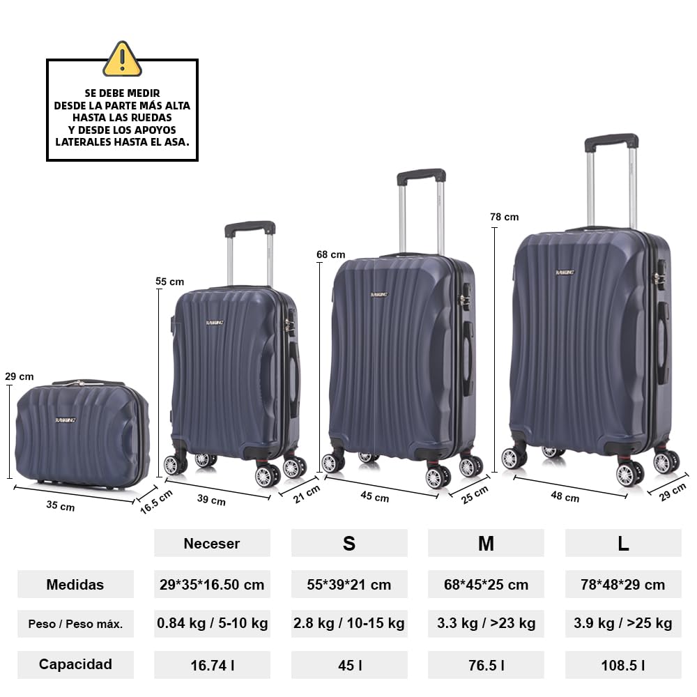 RAYKONG Juego de Maletas ABS Rígida 3 Piezas|Maleta Cabina 55cm|Maleta Mediana 68cm|Maleta Grande 78cm|Neceser 29cm|AzulMarino