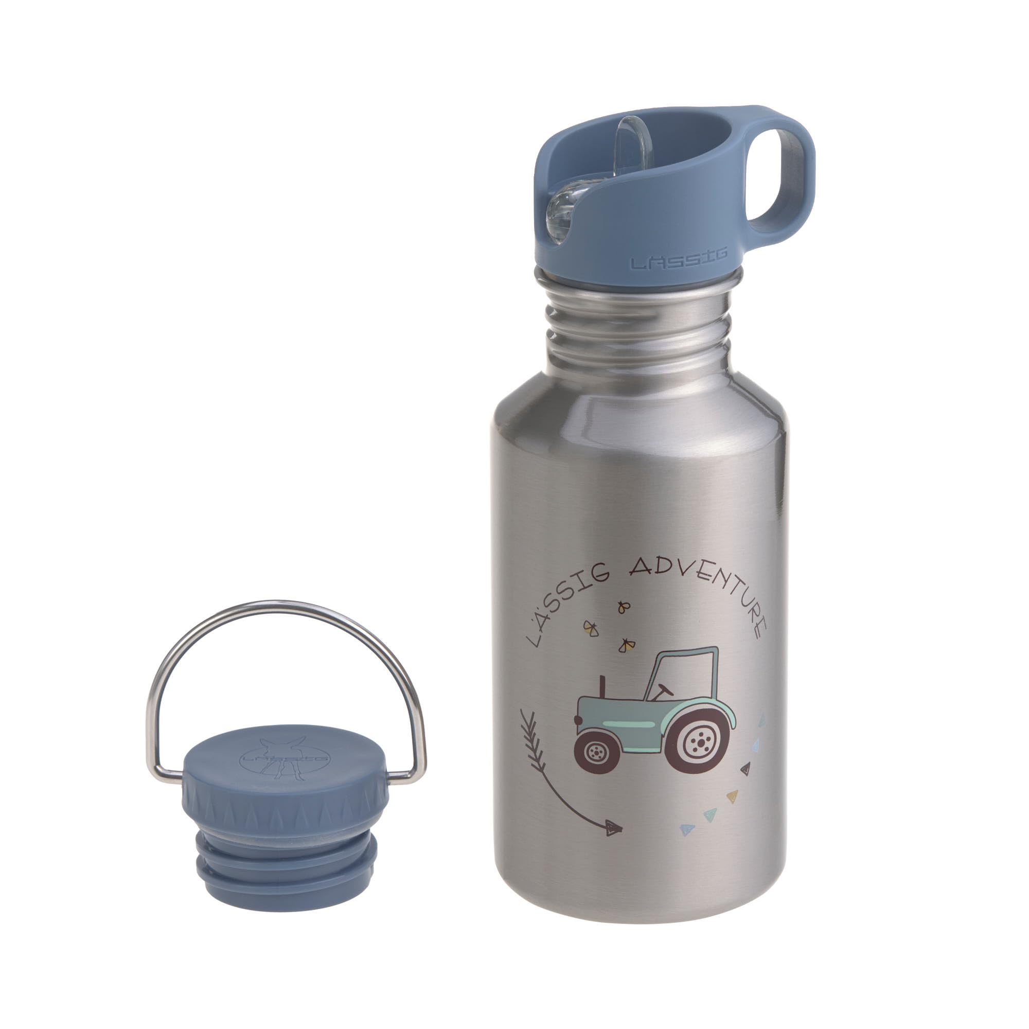 LÄSSIG Gourde en acier inoxydable pour enfants avec Sport Cup supplémentaire Anti-fuite/Bottle Stainless Steel Adventure Tractor