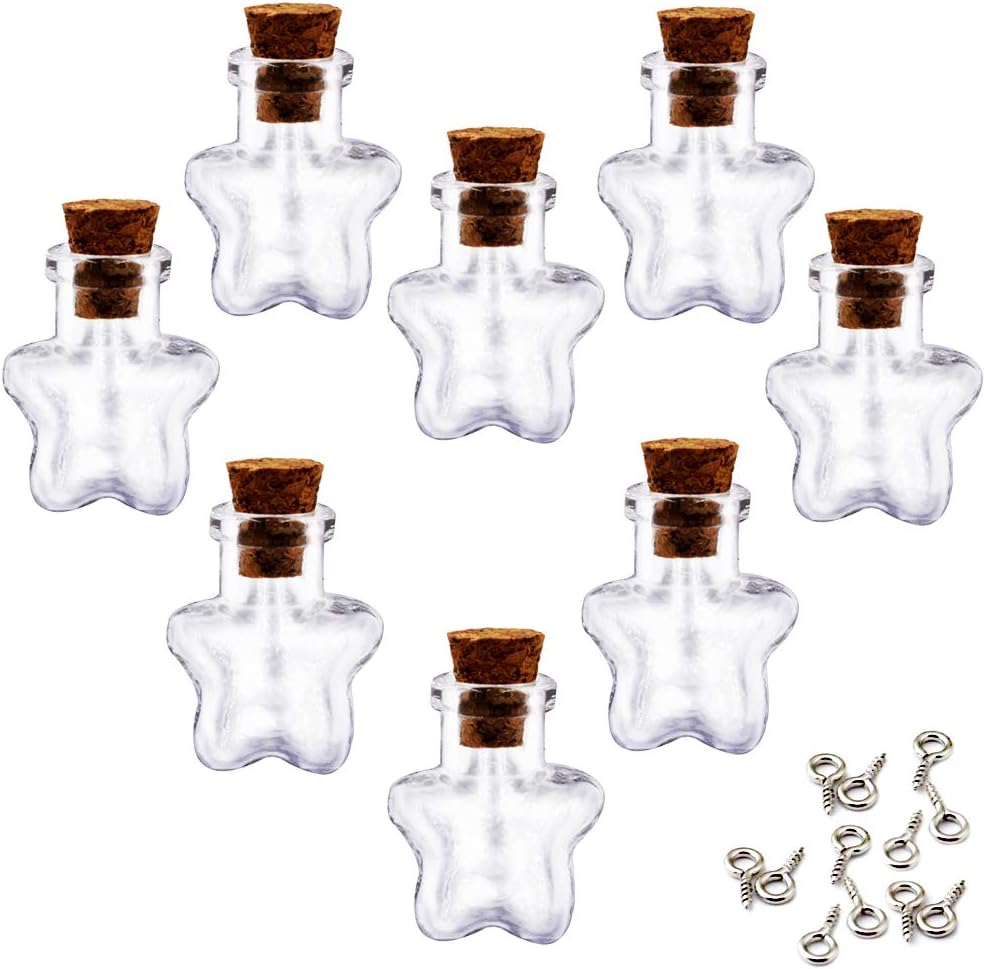 LEFV Mini Cork Top Glass Bottle Vial Charm 1 Inch - 12pcs Clear Bottles with Corks and 12pcs Eye Screws - Miniature Empty Sample Jars Message Bottle Small Tiny Size Pendant,Star