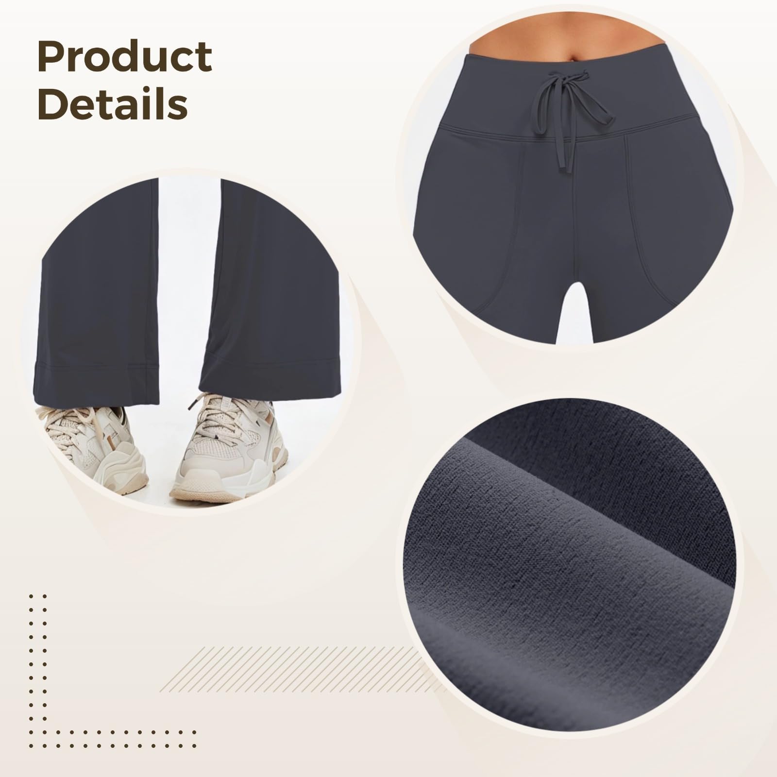 Spodnie do jogi dla kobiet, szerokie nogawki z kieszeniami, elastyczny nylon-spandex, talia ze sznurkiem, pasuje do 16-176, waga 160-176, grafitowy szary