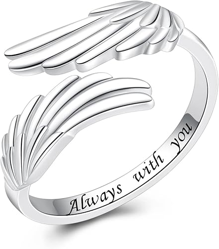 YLT Anillo de plata de ley 925 con alas de ángel con plumas y plumas ajustables y delicadas, anillos abiertos para el pulgar para mujeres y niñas,